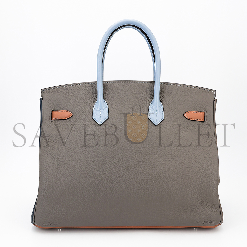 H**mes master birkin 30 togo leather golden brown linen blue gold buckle bag 5104823676 (30*23*15cm)